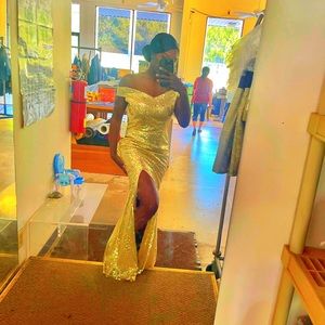 Bridesmaid Gold Off Shoulder Sequin Evening Gown